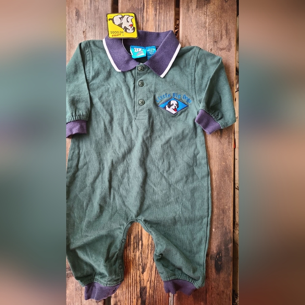 VINTAGE THE LITTLE BIG DOG SZ 6-12M NWT KHAKI GREEN DOG LOGO 1pc Romper